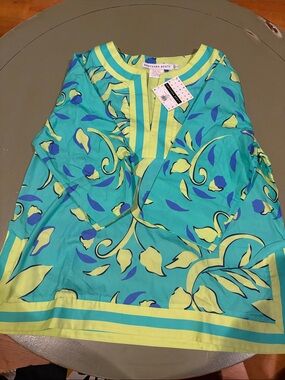 Gretchen Scott Designs Teal Tunic with Yellow & Blue Floral Print